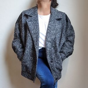 Vintage 80's Tweed Wool With  Black Leather Accents Pea Coat Jacket